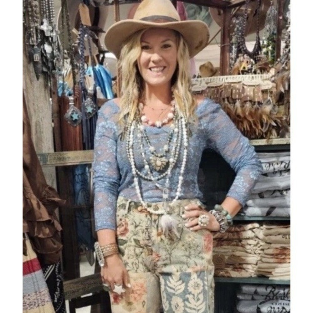 A Rare Bird Lace Layer Shirt L/XL Top Denim Sheer Whimsical Floral Ethereal New